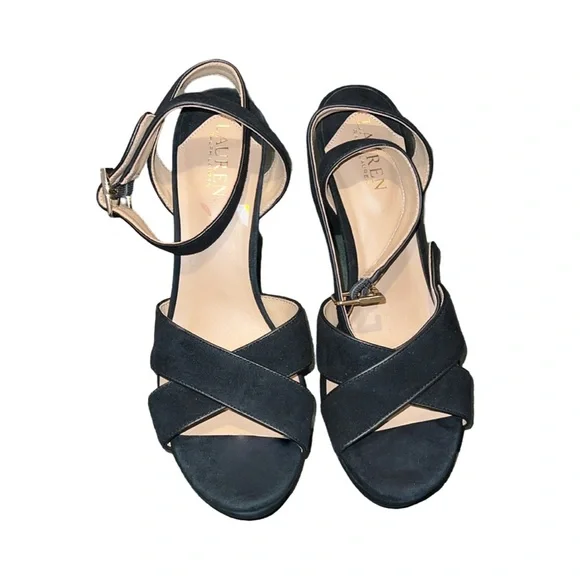 Lauren Ralph Lauren Sasha Black Suede Leather Platform Sandal Size 10 New